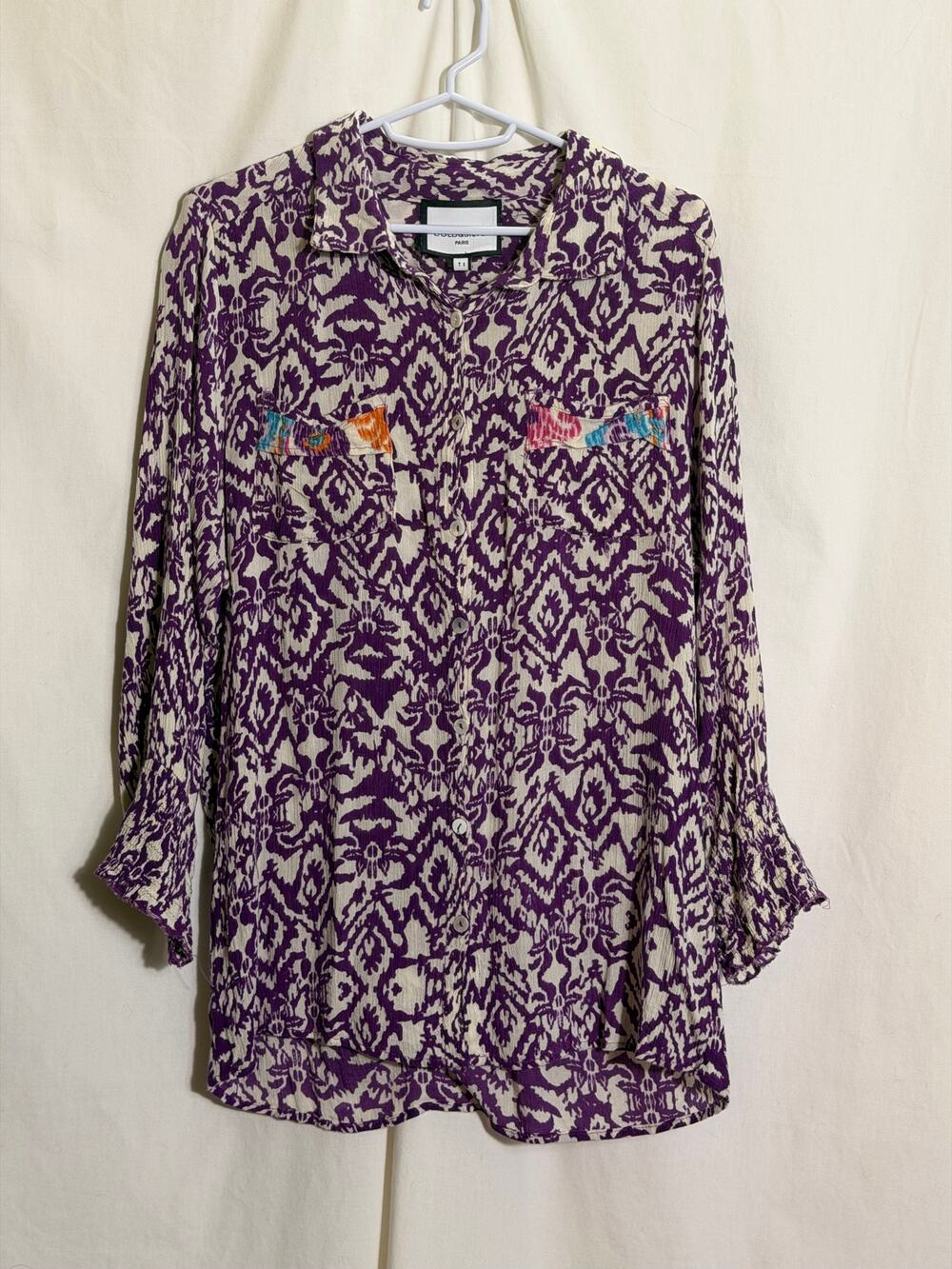 Gold & Silver Paris Purple Ikat Button Front Blouse Women’s Large